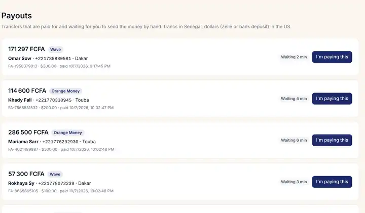 Payout queue with amounts, payout method and a claim button